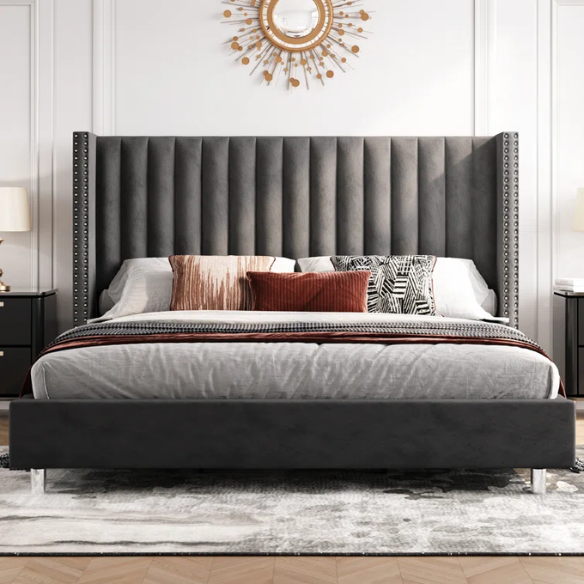 Velvet Upholstered Queen Size Platform Bed with Tufted Button Detail on Headboard