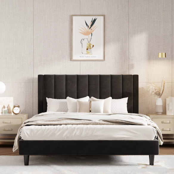 Luxurious Upholstered Platform Bed – Full/Double Size with Velvet Upholstery and Striped Headboard for Elegant Comfort
