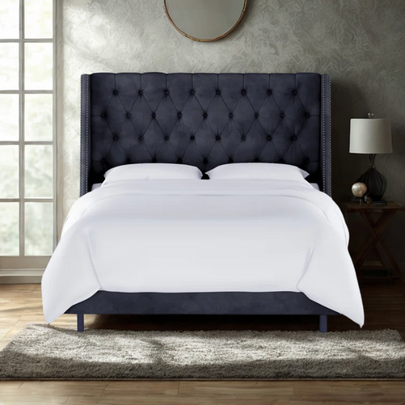 Chic Upholstered Wingback King Size Bed with Button Tufting and Nailhead Trim