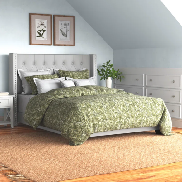 King Size Upholstered Low-Profile Bed with Wingback Headboard, Button Tufting, and Nailhead Trim – Glamorous, Traditional Design with Flared Legs