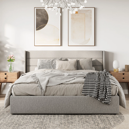 Modern King Size Upholstered Platform Bed with Hydraulic Lift Storage – Sleek Grooved Headboard, Space-Saving Design, and No Box Spring Needed