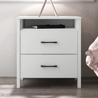 22.7" 2-Drawer Nightstand – Space-Saving Modern Minimalism, Engineered Wood with Clean-Lined Silhouette, Neutral Finish, Open Cubby & 2 Spacious Drawers for Bedroom Storage, Ideal for Tech & Accessories