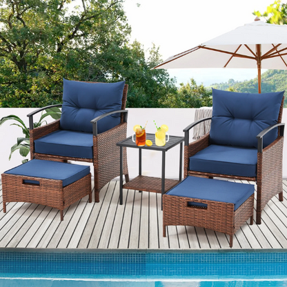 Patio Furniture Set | Outdoor Rattan Chairs with Tempered Glass Coffee Table, Ottomans, and Soft Cushions | Stylish Wicker Conversation Set