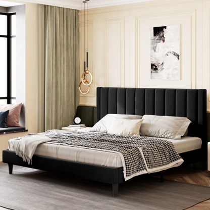 King Size Upholstered Platform Bed with Velvet Headboard, Foam Padding, and Noise-Free Construction for Ultimate Comfort