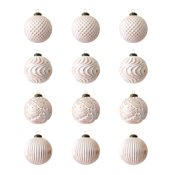 White & Champagne Gold Embossed Christmas Ornaments – Elegant Textured Bauble Set (12 Pieces)