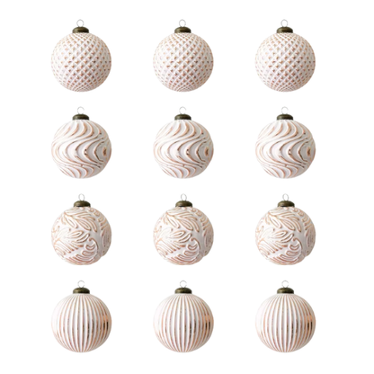 White & Champagne Gold Embossed Christmas Ornaments – Elegant Textured Bauble Set (12 Pieces)