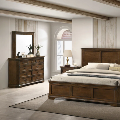 Classic Traditional Wood Queen Panel Bed with Dresser, Mirror, and Two Nightstands in Antique Walnut Finish