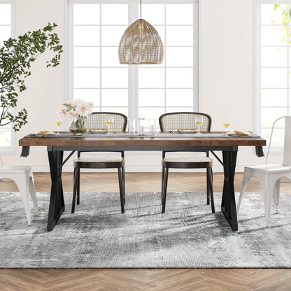 Farmhouse Dining Table for 6-8 People – Rectangular Wood Kitchen Table with X-Shaped Accents, Spacious & Multifunctional for Dining, Office, or Gathering