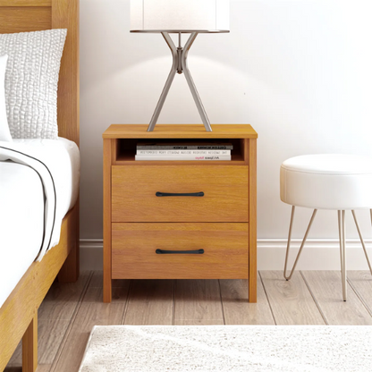 22.7" 2-Drawer Nightstand – Space-Saving Modern Minimalism, Engineered Wood with Clean-Lined Silhouette, Neutral Finish, Open Cubby & 2 Spacious Drawers for Bedroom Storage, Ideal for Tech & Accessories