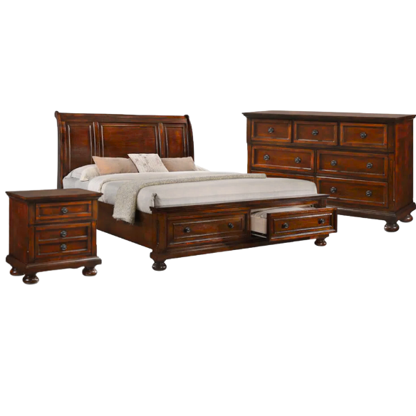 Cherry Brown King Size Platform Bedroom Set with Real Wood Veneers, Full Extension Footboard Storage Drawers, and Matching Large-Scale Dressers, Nightstands, and Mirror