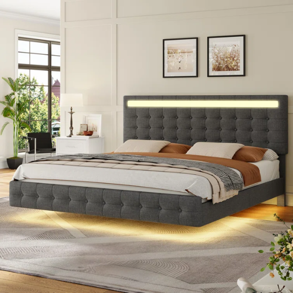 Queen Size LED Lit Platform Bed with Tufted Headboard – Modern and Stylish Design