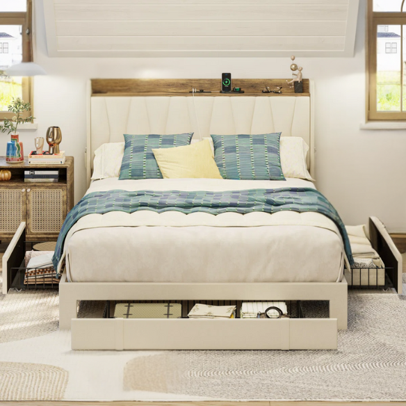 Upholstered Full/Double Bed Frame with 3 Drawers, Storage Headboard & Built-In Charging Station – Stylish & Functional Design