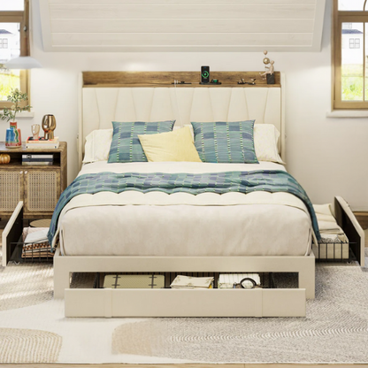 Upholstered Full/Double Bed Frame with 3 Drawers, Storage Headboard & Built-In Charging Station – Stylish & Functional Design