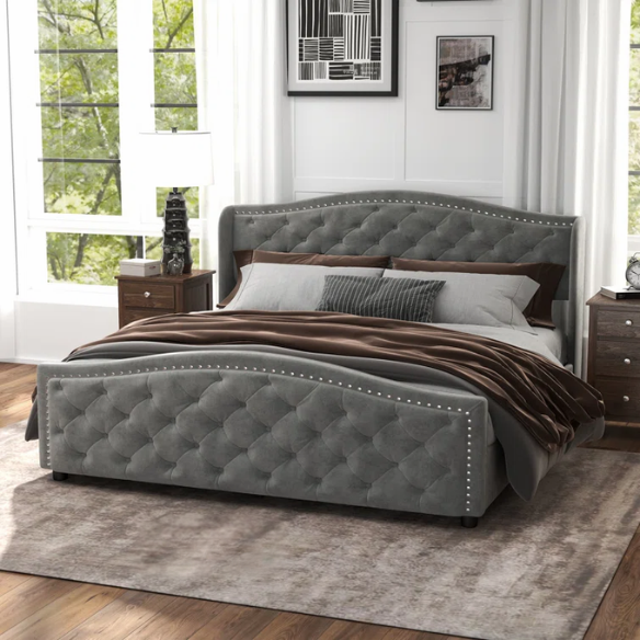 Luxurious King Size Velvet Upholstered Platform Bed with Tufted Camelback Headboard, Nailhead Trim, and 4 Built-In Storage Drawers – Stylish and Functional Bedroom Upgrade