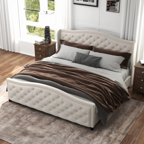 Luxurious King Size Velvet Upholstered Platform Bed with Tufted Camelback Headboard, Nailhead Trim, and 4 Built-In Storage Drawers – Stylish and Functional Bedroom Upgrade