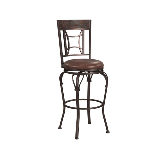 Metal Swivel Stool – Dark Chestnut Finish with Distressed Wood Rail, Geometric Back Design, Antique Brown Faux Leather Seat, 360° Swivel, Counter & Bar Height Options
