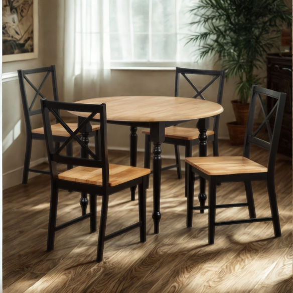 5-Piece Dining Set – Two-Tone Round Table with Drop Leaves & Cross-Back Chairs