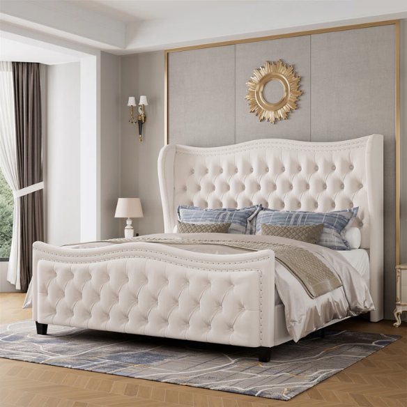 Gem-Tufted Queen Size Upholstered Wingback Bed with Curved Design