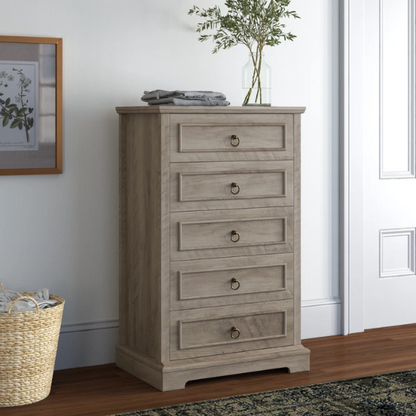 French Country-Inspired 5-Drawer Chest with Metal Ring Handles, Paneled Detailing, and Classic Crown Molding