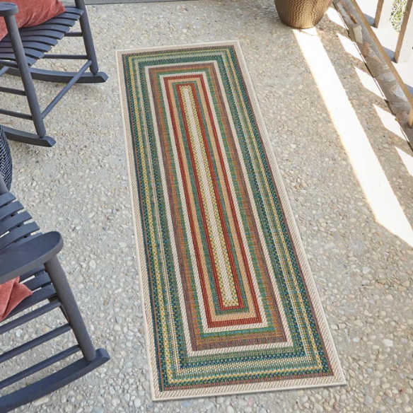 Coastal-Inspired Geometric Rug – Fade & Stain-Resistant, Green & Orange Pattern, Ideal for Indoor/Outdoor Use