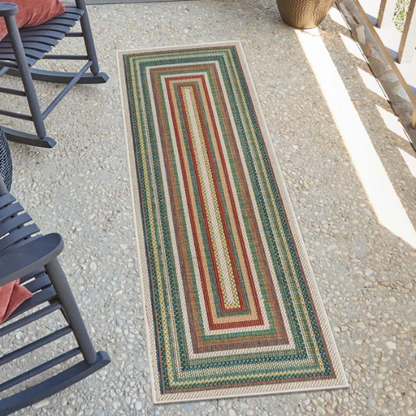 Coastal-Inspired Geometric Rug – Fade & Stain-Resistant, Green & Orange Pattern, Ideal for Indoor/Outdoor Use