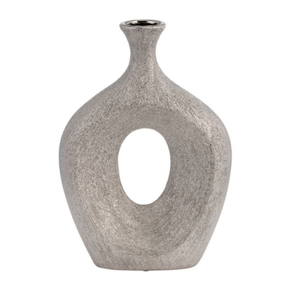 Abstract Sculptural Ceramic Vase with Unique Oval Cut-Out Design – 13" Modern Beaded Accent Vase for Tabletop or Shelf Décor, Ideal for Faux Florals and Statement Styling