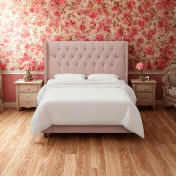Timeless Upholstered Wingback King Size Bed with Button Tufting and Nailhead Trim