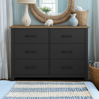 Modern 6-Drawer Double Dresser with Flared Feet and Sleek Black Metal Handles