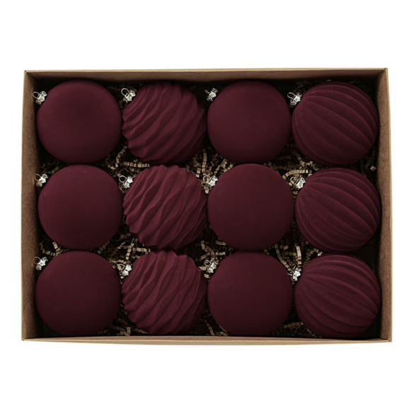Burgundy Velvet Christmas Ball Ornament Set – 9-Piece Luxury Holiday Décor (10 cm / 3.94 in)