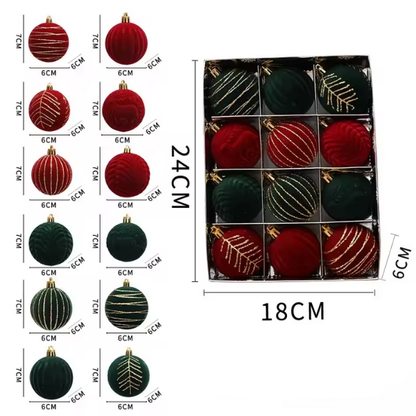 Red & Green Velvet-Flocked Christmas Ornaments – Luxurious Shatterproof Holiday Set (12 Pieces)