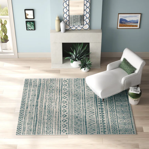 Striped Geometric Area Rug – Aqua & Taupe, Durable Polypropylene, Low-Pile Design for High-Traffic Indoor/Outdoor Spaces