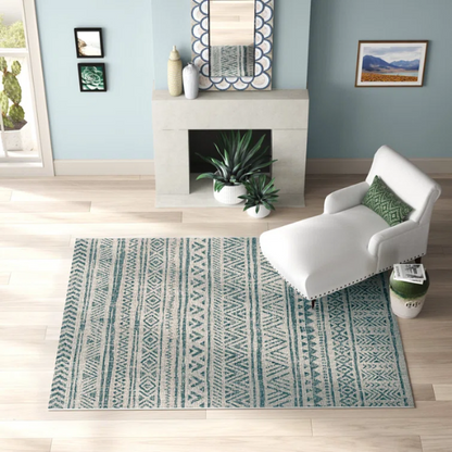 Striped Geometric Area Rug – Aqua & Taupe, Durable Polypropylene, Low-Pile Design for High-Traffic Indoor/Outdoor Spaces