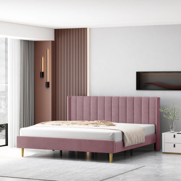 Luxury Corduroy Upholstered King Size Platform Bed Frame - Stylish Modern Wingback Design with Ultimate Comfort