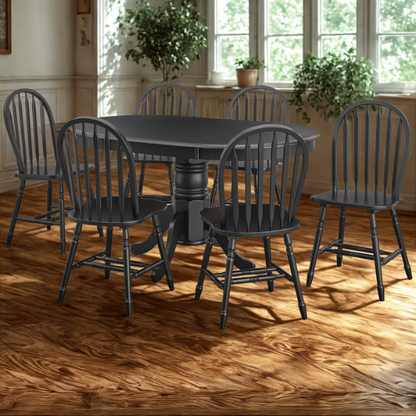 7-Piece Farmhouse Solid Wood Dining Set with Extension Leaf – Pedestal Table & Windsor Chairs