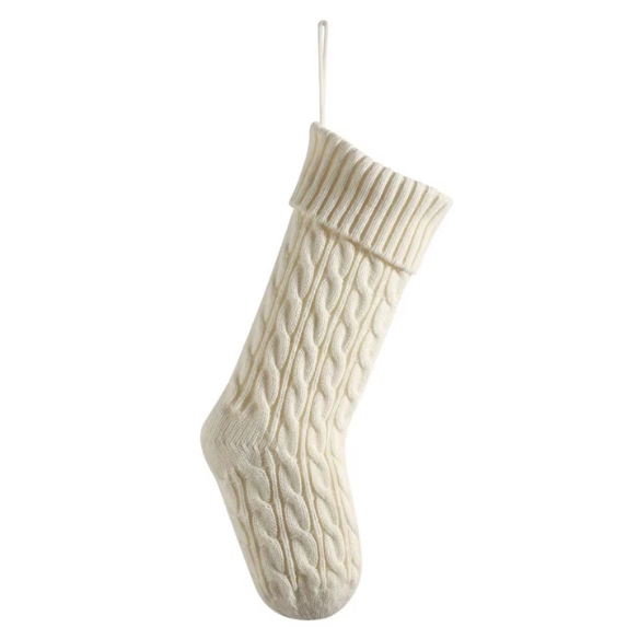 White Knitted Christmas Stocking – Cable Knit Holiday Gift Bag with Soft Lining