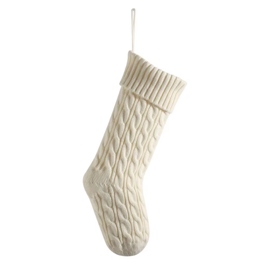White Knitted Christmas Stocking – Cable Knit Holiday Gift Bag with Soft Lining