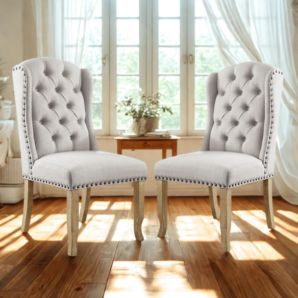 Neutral Ivory Wingback Dining Chairs – Set of 2, Tufted Back & Rustic Pine Legs