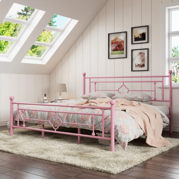Elegant Metal Open-Frame Platform Bed with Quatrefoil Design and Classic Finial Posts – Timeless French Country Style with Under-Bed Storage
