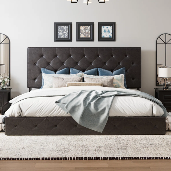 Queen Size Upholstered Platform Storage Bed with Tufted Button Accent Design
