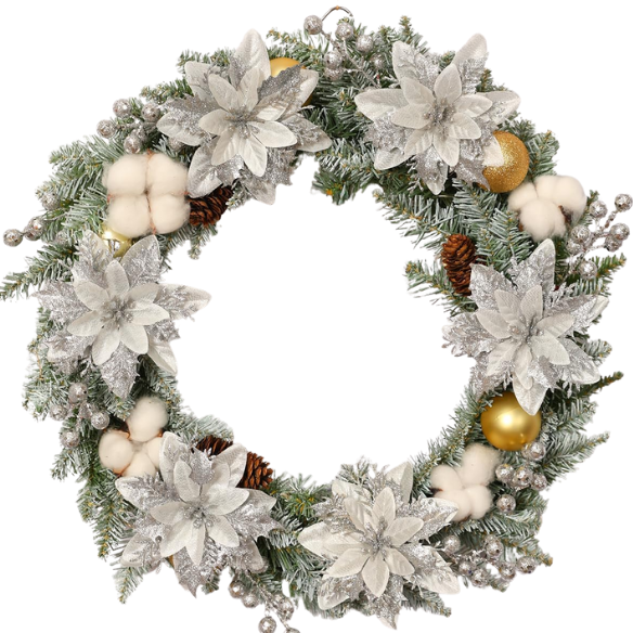 Silver Glitter Poinsettia Christmas Flowers – Elegant Artificial Holiday Décor (5 Pieces)