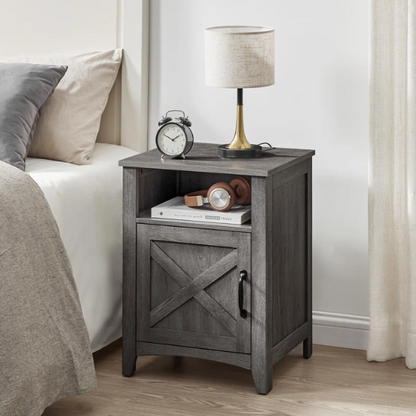 Farmhouse Nightstand with Cabinet & Open Compartment – Rustic Bedside Table, Distressed Finish, Barn Door Style, Matte Black Metal Handles, Flared Legs, Versatile Storage for Bedroom or Living Room