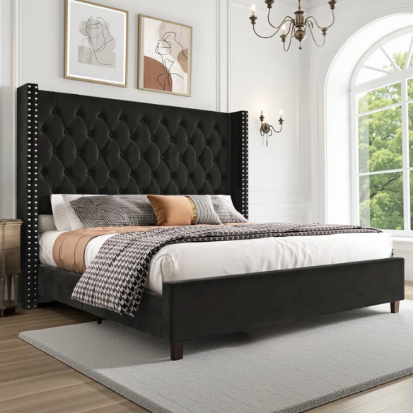 Queen Size Upholstered Velvet Bed – The Epitome of Luxury and Comfort with Majestic 61.4-Inch Extra-High Headboard