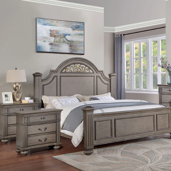Traditional Wood 3-Piece Poster Bedroom Set with USB Chargers – Elegant Beaded Trim, Reeded Posts, and Felt-Lined Drawers