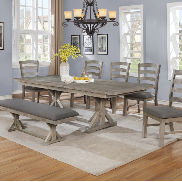 7-Piece Rustic Trestle Dining Set – Upholstered Chairs & Bench