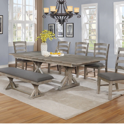 7-Piece Rustic Trestle Dining Set – Upholstered Chairs & Bench