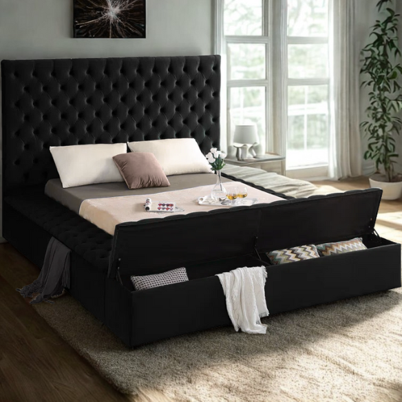 Elegant Velvet Upholstered King Size Platform Storage Bed with Tufted Headboard and Slats
