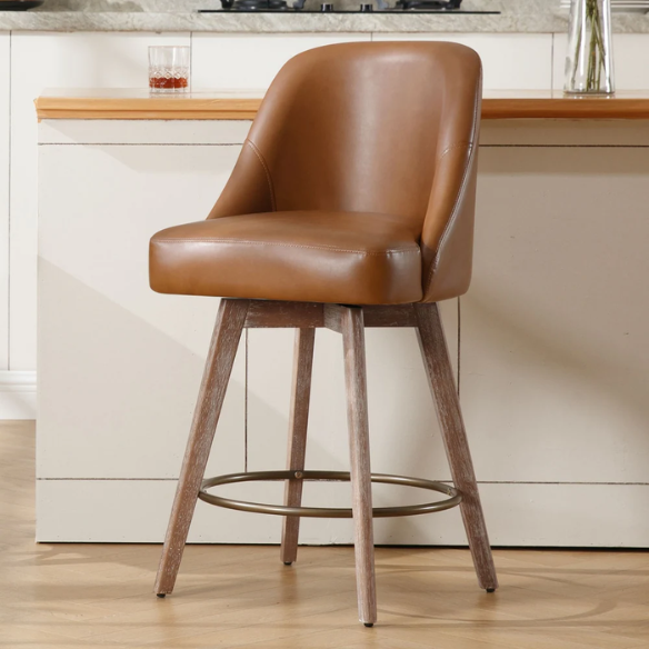 Modern Counter Height Swivel Bar Stool – Upholstered Faux Leather/Polyester Blend Seat, Solid Beech Wood Frame, Ergonomic High Back, Bronze Metal Footrest, 300lb Capacity for Kitchen, Bar, or Pub