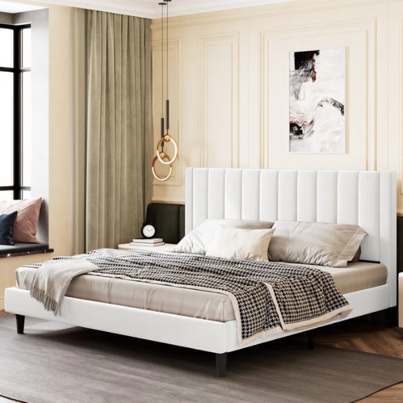 King Size Upholstered Platform Bed with Velvet Headboard, Foam Padding, and Noise-Free Construction for Ultimate Comfort