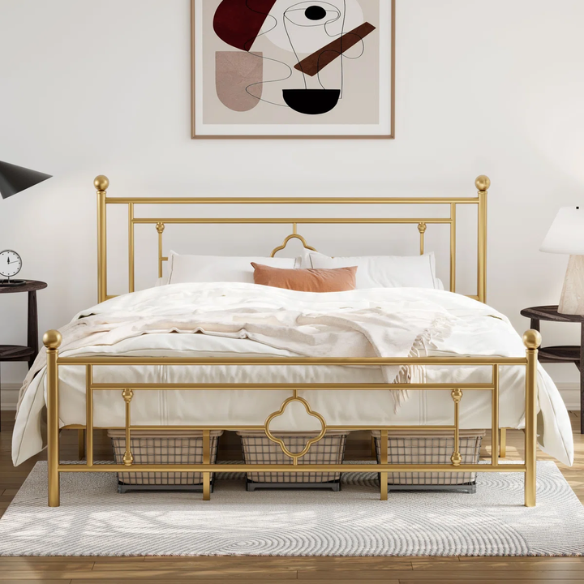 Elegant Metal Open-Frame Platform Bed with Quatrefoil Design and Classic Finial Posts – Timeless French Country Style with Under-Bed Storage