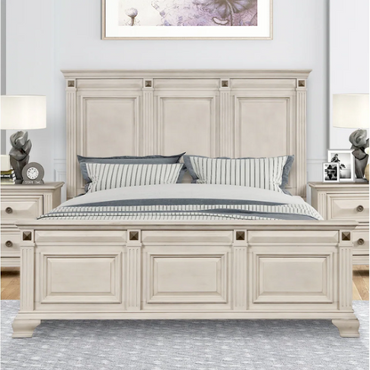 Distressed Parchment Wood Queen Bedroom Set – Elegant Silver Accents, Fluted Pilasters, and Beveled Drawer Fronts for Timeless Charm